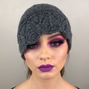 NWOT Lewis Knits Hand Knit Gray Lace Edge Hat Beanie Cap